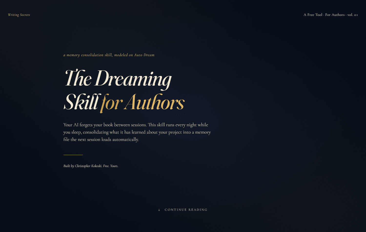 The Dreaming Skill for Authors — a memory consolidation skill that keeps your AI's knowledge of your book between sessions.