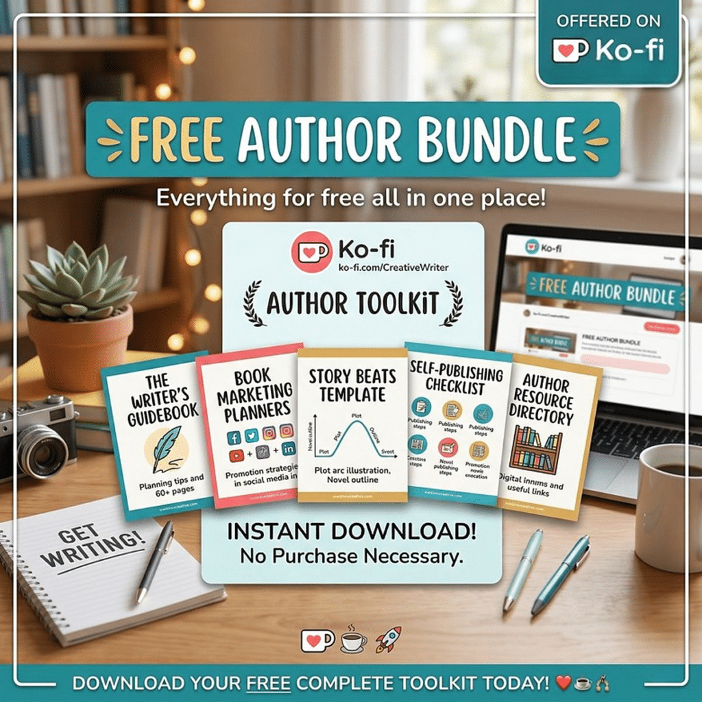 The Free AI Author Bundle: The Writer's Guidebook, Book Marketing Planners, Story Beats Template, Self-Publishing Checklist, and Author Resource Directory.